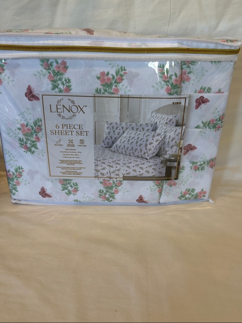 Lenox White Sheet Set with Pink Floral & Green Leaves - 6 Piece King Size